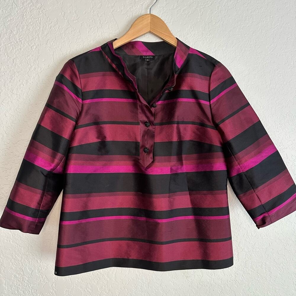Talbots 100% Silk Blouse Pink Black Stripe 3/4 Sleeve Dupioni Cocktail Party Top